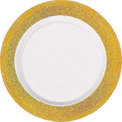 ELEGANI White Gold Premium Tableware; White Prismatic Gold Border Premium Plastic Dinner Plates 10ct