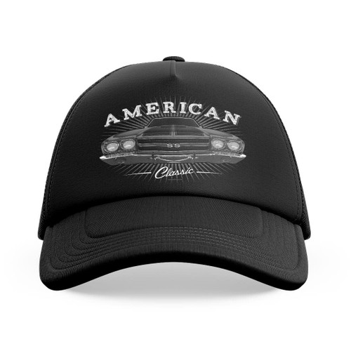 1970 El Camino Tribute Trucker Cap Black | American Muscle Car Fan Art Gift Idea | OneSize | Made in USA, Black