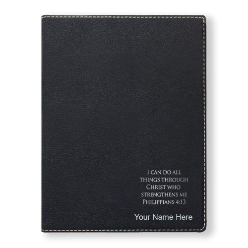 Small Portfolio Notepad, Bible Verse Philippians 4:13, Personalized Engraving Included (Black)