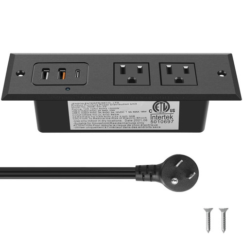 CCCEI Recessed Power Strip with 20W USB C Port, Fast Charging USB A Port Desk Outlet, Furniture Hidden Charging Station for Side Table, End Table, with 6FT 45 Degree Flat Plug Extension Cord, Black