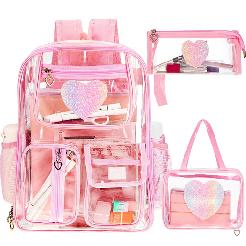 Silkfly 3 Pcs Clear Backpack Transparent School Backpacks PVC Clear Bookbag with Lunch Bag Pencil Case for Stadium Kids Girls Boys Christmas Gifts(Pink, Heart)