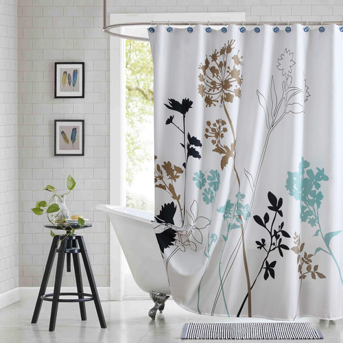 BESTRIPES Fabric Floral Shower Curtain, Long Blue and White Shower Curtain, Teal and Brown Plant Shower Curtains for Bathroom, Modern Decorative Bathroom Curtains - 72" W x 78" H