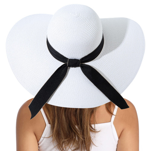 Lanzom Womens Wide Brim Straw Hat Big Floppy Foldable Roll up Cap Beach Sun Hat UPF 50+(Bowknot-White)