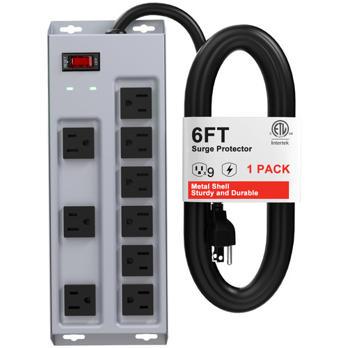 ETL Listed Industrial Power Strip, Heavy Duty Metal Surge Protection Power Strip with 9 Outlets, 1875W,15A, 6 Foot Power Cord 1200 Joules Surge Protector for Industrial Applications ETL Listed Industrial Power Strip, Heavy Duty Metal Surge Protection Power Strip with 9 Outlets, 1875W,15A, 6 Foot Power Cord 1200 Joules Surge Protector for Industrial Applications