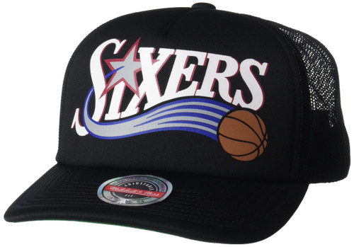 Mitchell & Ness Philadelphia 76ers Jersey Hook Trucker Mesh Snapback Adjustable Hat Cap - Black Mitchell & Ness Philadelphia 76ers Jersey Hook Trucker Mesh Snapback Adjustable Hat Cap - Black