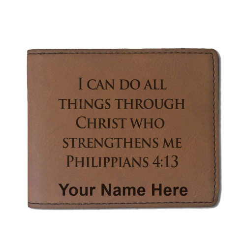 SkunkWerkz Faux Leather Wallet, Bible Verse Philippians 4:13, Personalized Engraving Included (Dark Brown)
