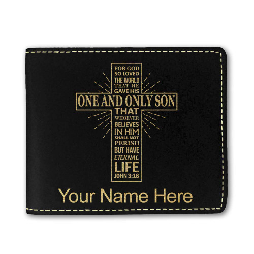 SkunkWerkz Faux Leather Wallet, Bible Verse John 3:16, Personalized Engraving Included (Black)