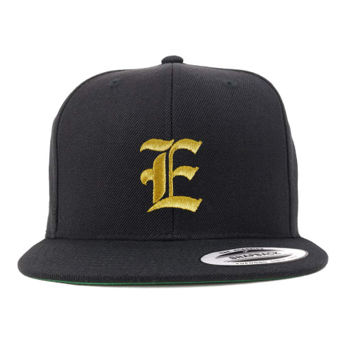 Trendy Apparel Shop Old English Gold E Embroidered Snapback Flatbill Baseball Cap - Black