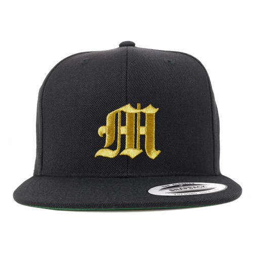 Trendy Apparel Shop Old English Gold M Embroidered Snapback Flatbill Baseball Cap - Black