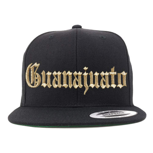 Trendy Apparel Shop Old English Guanajuato Gold Embroidered Flatbill Snapback Baseball Cap- Black