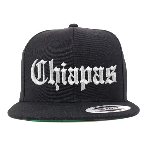 Trendy Apparel Shop Old English Chiapas White Embroidered Flatbill Snapback Baseball Cap- Black