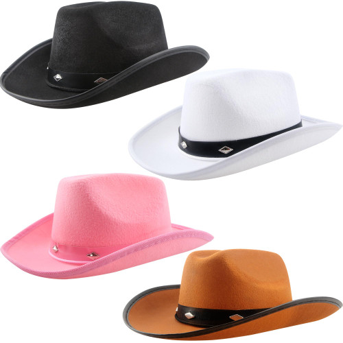 SGBETTER 4 Pack Kids Studded Cowboy Hat Western Rodeo Texan Cowboy Cowgirl Hat for Boys Girls Cowboy Theme Party Costume Accessories (Black,White,Brown,Pink)