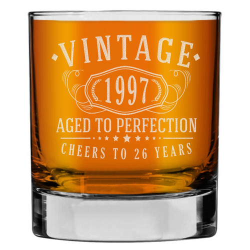 Vintage 1997 Etched Whiskey Glass - 26th Birthday Gifts for Men - Cheers to 26 Years old - 26th Birthday Decorations for Men - Scotch Bourbon Him Dad Women Anniversary Retirement 1.0