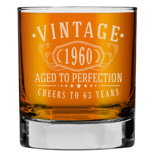 Vintage 1960 Etched Whiskey Glass - 63rd Birthday Gifts for Men - Cheers to 63 Years old - 63rd Birthday Decorations for Men - Scotch Bourbon Him Dad Women Anniversary Retirement 1.0