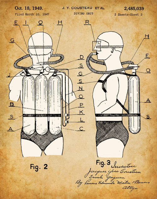 Jacques Cousteau Scuba Diving Tank Patent - Scuba Tank Old Style Art Poster, Classic Ocean and Marine Decorations, Scuba Diving Snorkelers Gifts, Choose Unframed Vintage Poster or Canvas Art Prints