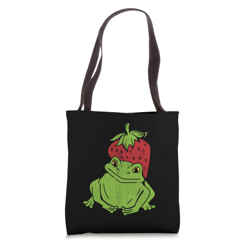 Frog Red Strawberry Cute Cottagecore Goblincore Distressed Tote Bag