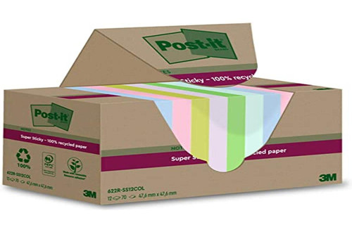 Post-it Super Sticky 100% Recycled Notes, Pack of 12 Pads, 70 Sheets per Pad, 47.6 mm x 47.6 mm, Pink, Green, Blue, Purple, Yellow - Extra Sticky Notes Made from 100% Recycled Paper- Assorted