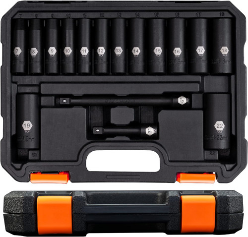 PGROUP 3/8 Inch Drive Deep Impact Socket Set, 16-Piece Standard Metric Sizes (7mm - 22mm), Includes 3", 6"Impact Extension Bars,6 Point Cr-V Steel Socket Set with Heavy Duty Storage Case