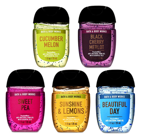 Bath and Body Works FRUITY & FRESH 5-Pack PocketBac Hand Sanitizers (Beautiful Day, Cucumber Melon,Black Cherry Merlot, Peach Bellini)