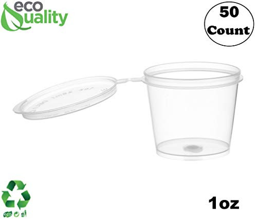 EcoQuality [50 Pack] 1 Oz Leak Proof Plastic Condiment Souffle Containers with Attached Lids - Portion Cup with Hinged Lid Perfect for Sauces, Samples, Slime, Jello Shot, Food Storage & More!