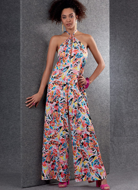 Vogue Misses' Petite Halter Neck Jumpsuit, Code V1807 Sewing Pattern Kit, Sizes L-XXL, Multicolor