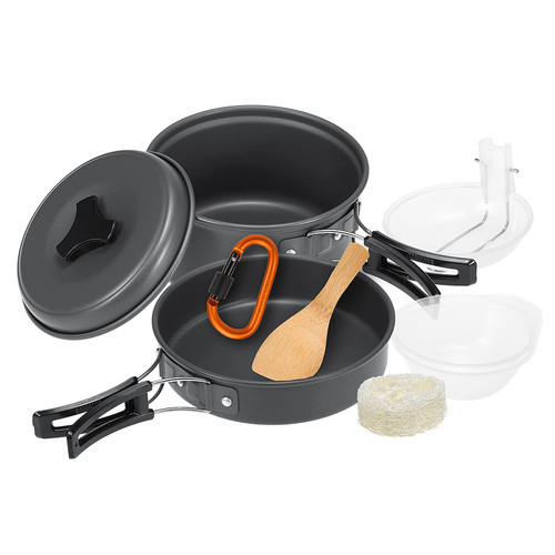 fangzi Camping Pot and pan Set, 10pcs Camping Cookware Mess Kit Cookset Outdoor Cooking Equipment Pot Pan Bowls Backpacking Hiking Gear