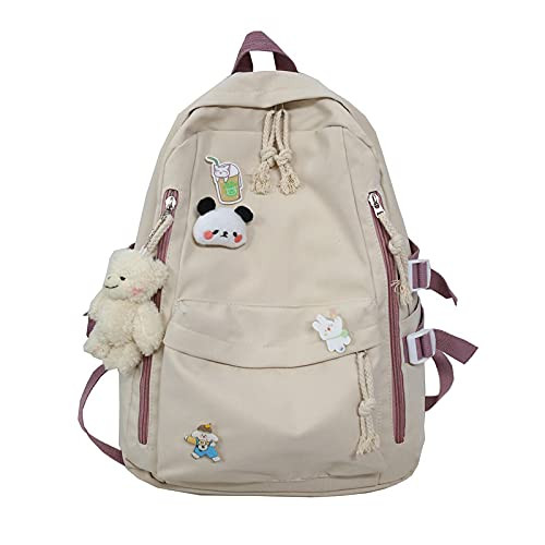 Timtram Kawaii School Backpack, Cute Aesthetic Backpack, Cute Kawaii School Backpack, for Teen Girl Boy Aesthetic, Bag for Laptop School College Free Plush Pendant & Pins (Beige)