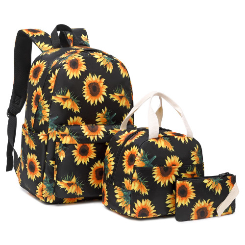 Mimfutu Sunflower School Backpack for Teen Girls, 3-in-1 Kids Backpack Bookbag Set School Bags with Lunch Box Pencil Case