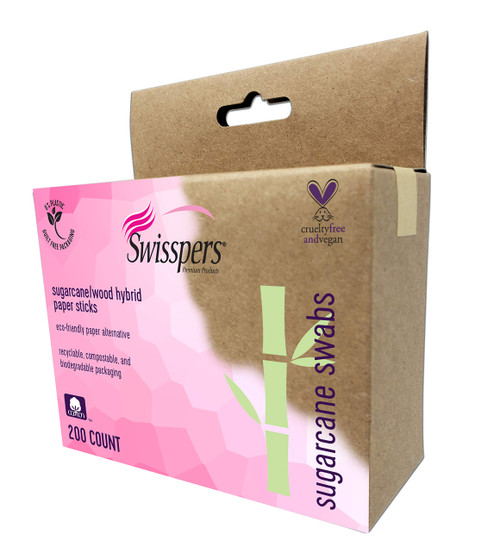 Swisspers Sugarcane/Wood Stick Hybrid Swab, 100% Cotton Tips, 200 per Pack, 6 Packs