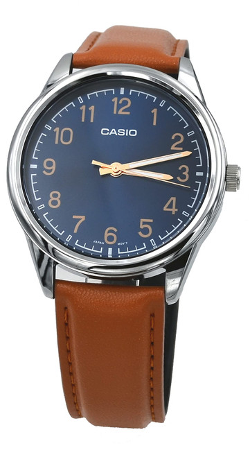 Casio MTP-V005L-2B4 Men's Standard Analog Tan Leather Band Blue Numbers Dial Watch