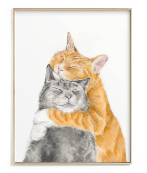 Cat Snuggles in Love Art Print - Watercolor Painting, Orange and Grey Cat, Perfect Gift for Cat Wife, UNFRAMED, Signed by Artist (11x14 inches)
