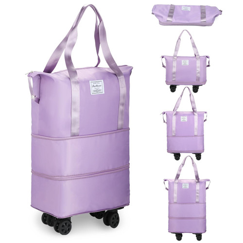 VOOWO Rolling Duffle Bag with Wheels, Expandable Carry On Luggage Bag with Wheels, Foldable Duffle Bag for Travel, Weekend Bag for Women, Travel Duffel Bag with Spinner Wheels, Large Gym Bag (Purple)