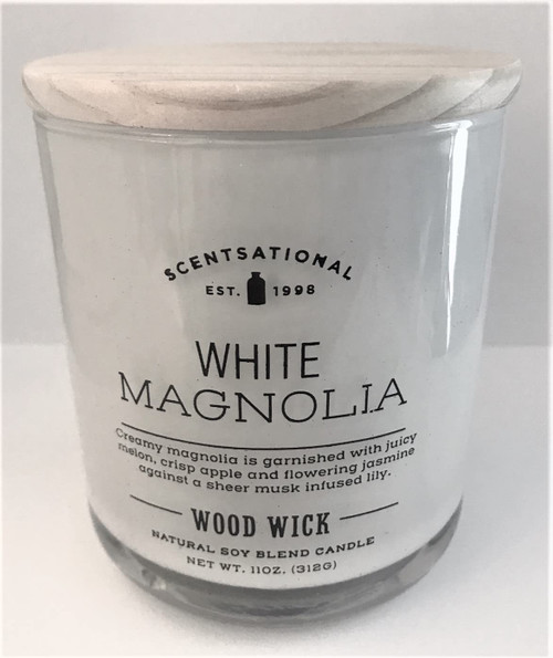 Natural Soy Wax Blend Scented Candle White Magnolia Glossy White Glass Jar w/ Wooden Wick, 11 Oz. Medium