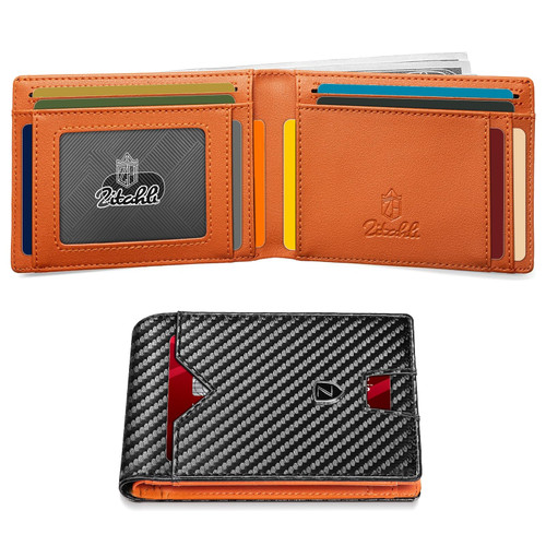Zitahli Wallet for Men, Mens Wallet, Slim Leather Bifold, RFID Blocking 11 Card Holder Slots Gift Box(carbon black orange) Zitahli Wallet for Men, Mens Wallet, Slim Leather Bifold, RFID Blocking 11 Card Holder Slots Gift Box(carbon black orange)