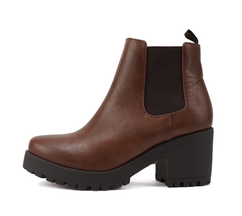 Soda Top Shoes Jaber Ankle Boot W Lug Sole Elastic Gore and Chunky Heel (Brown Pu, 7)