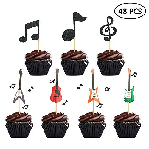 48 PCS Music Notes Cupcake Toppers Guitar Cake Toppers for Kids Birthday Musician Party Wedding Baby Shower Party Music Themed Party
