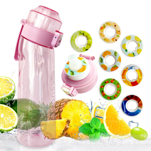 Air Water Bottle, 650ML Fruit Fragrance Water Bottle with Air Flavour Pods, 0% Sugar Water Cup BPA Free With Straw, Sports Water Bottle Suitable for Outdoor Sports (Pink+7Pod)