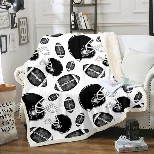 Feelyou Boys Rugby Printed Fleece Blanket for Sofa Couch Sports Theme Sherpa Throw Blanket Decorative American Football Pattern Fuzzy Blanket Black White Design Warm Plush Blanket Baby 30"x40"
