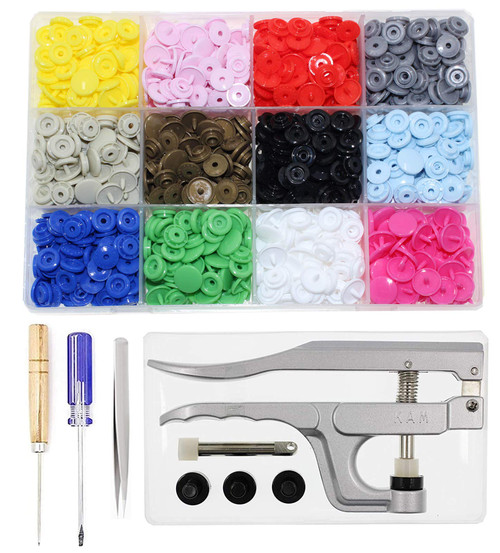 KAM Snaps Buttons + Snap Pliers, Starter Fasteners Kit, 384 Sets 12-Colors, Size 20 T5 KAM Snap Plastic Fasteners Punch Poppers Closures No-Sew Buttons for Crafts Clothing