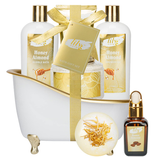 LILY ROY Spa Gift Tub Baskets Set for Women 7pcs Honey Almond Body Wash Bath and Body Sets for Women Gift Works Birthday Christmas Spa Bath Gifts for Women and Men Spa Kit Perfum Self Skin Care Set