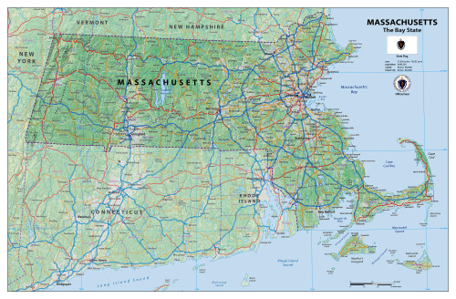 Physical State Poster Map of Massachusetts - 23.3 x 16.5 Inches - Paper Laminated