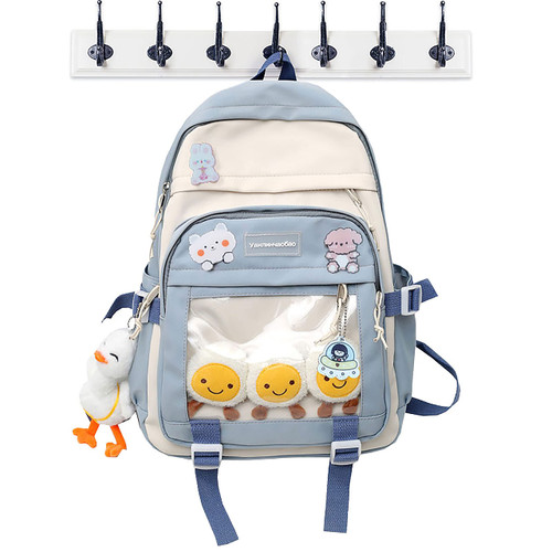 Newlifegift Kawaii Backpack with Girls Cute Pin Accessories Plush Pendant Kawaii School Backpack Cute Aesthetic Backpack (Blue)