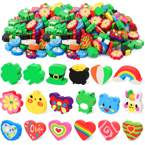 Colarr 360 Pcs Valentine's Day Erasers Bulk Love Heart Shamrock Bunny Mini Eraser Spring Rainbow Flower Shaped Eraser Saint Patrick's Day Easter Erasers for Student Kids Classroom Party Prizes Gifts