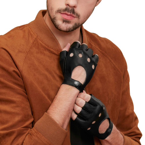 GSG Mens Fingerless Leather Gloves Driving Cycling Motorcycle Half Gloves Unlined Small Black