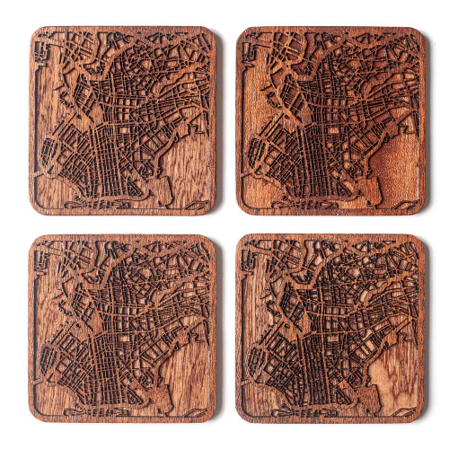 Brooklyn, NY. Map Coaster, Set of 4, Sapele Wooden Coaster with City map, Multiple City Optional, Handmade