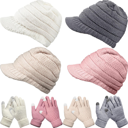 Suhine 4 Sets Women Winter Hats Gloves Set Women Knit Beanie Touchscreen Glove Winter Brim Hat Warm Fleece Lined Knit Gloves Snow Ski Winter Beanie Brim Warm Gloves Set, 4 Colors
