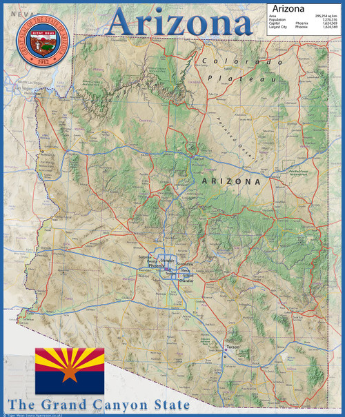 Arizona State Physical Poster Map - 16.5 x 19.5 Inches - Paper Laminated