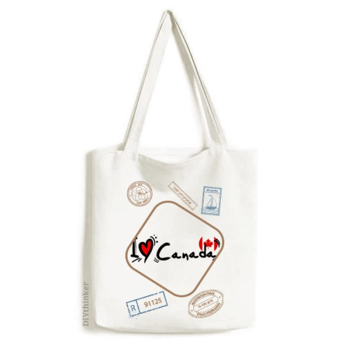 I Love Canada Word Flag Heart Stamp Shopping Ecofriendly Storage Canvas Tote Bag