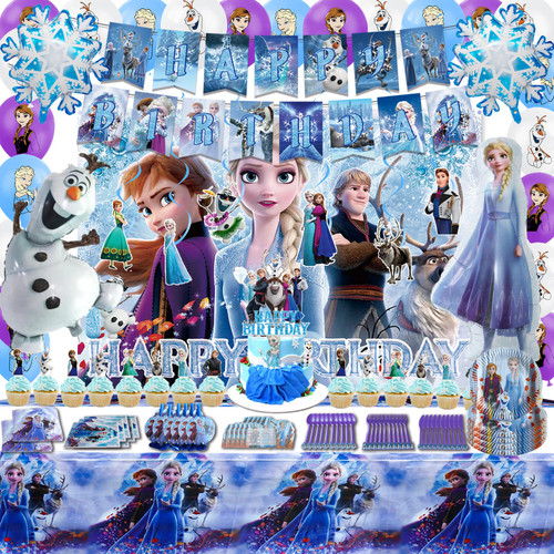 148 Pcs Frozen Birthday Party Supplies, Party Decorations Include Happy Birthday Banner, Flatware, Birthday Backdrop, Hanging Swirls, Balloons, Tablecloth, Cake Toppers,Knives, Spoons, Forks