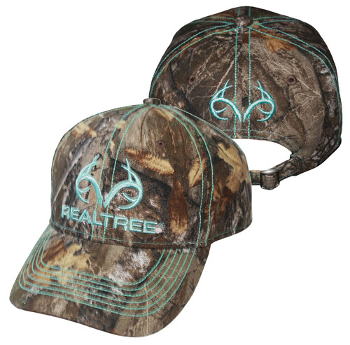 Realtree Teal Blue Green Turquoise Logo Camo Cap Hat (RT Edge) Ladies Fit Low Profile Structured Womens Cap Hat with Wicking Sweatband